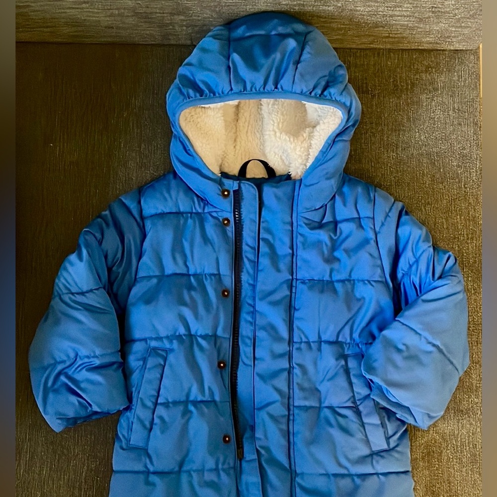 Primary Blue Puffer Jacket with White Sherpa Lining